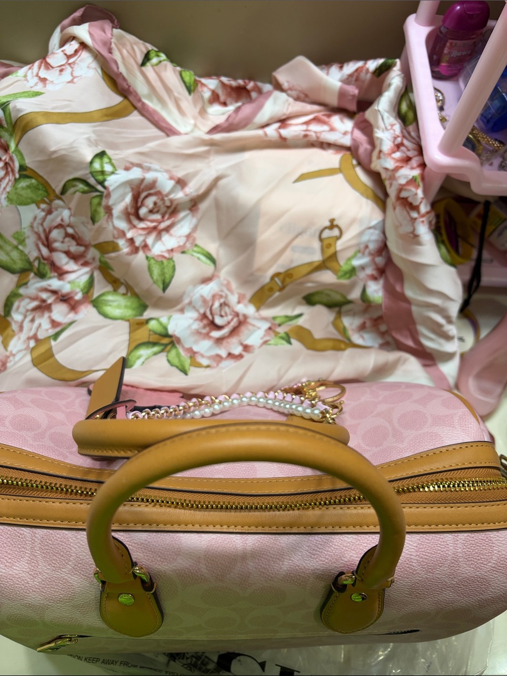 Coach Pink Signature Satchel with Pearl Chain & Floral Charm - Picture 5 of 7